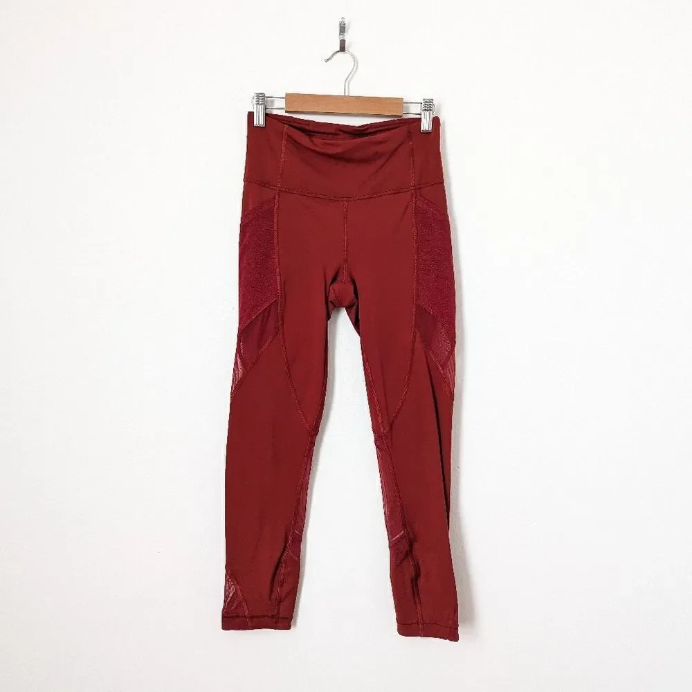 Lululemon dark sport red Run Smoothly mesh pocket nulux workout crop leggings